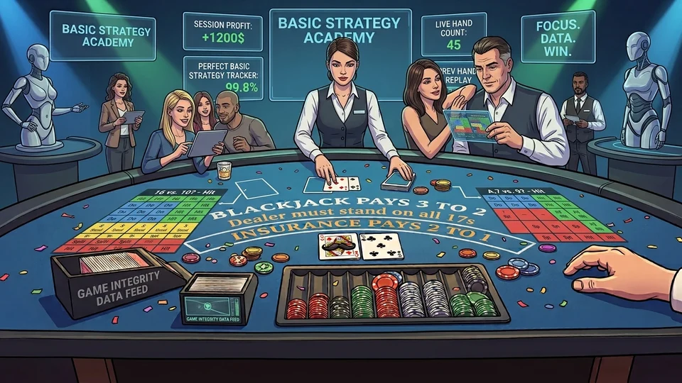The rules printed on the Duel blackjack felt