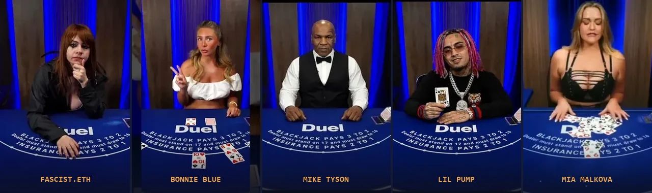fascist.eth, Bonnie Blue, Mike Tyson, Lil Pump and Mia Malkova at the Duel blackjack table