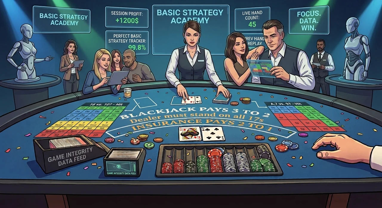 Duel blackjack table with the rules printed on the felt and basic strategy charts laid out beside it