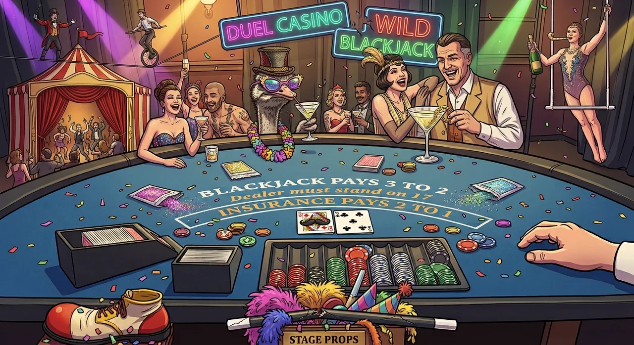 A circus around a Duel blackjack table while the printed rules on the felt stay the same