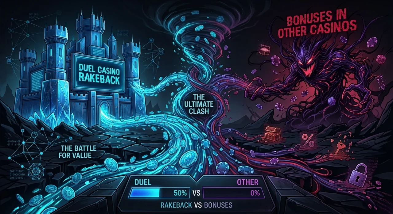 Duel Casino rakeback on one side, welcome bonuses at other casinos on the other